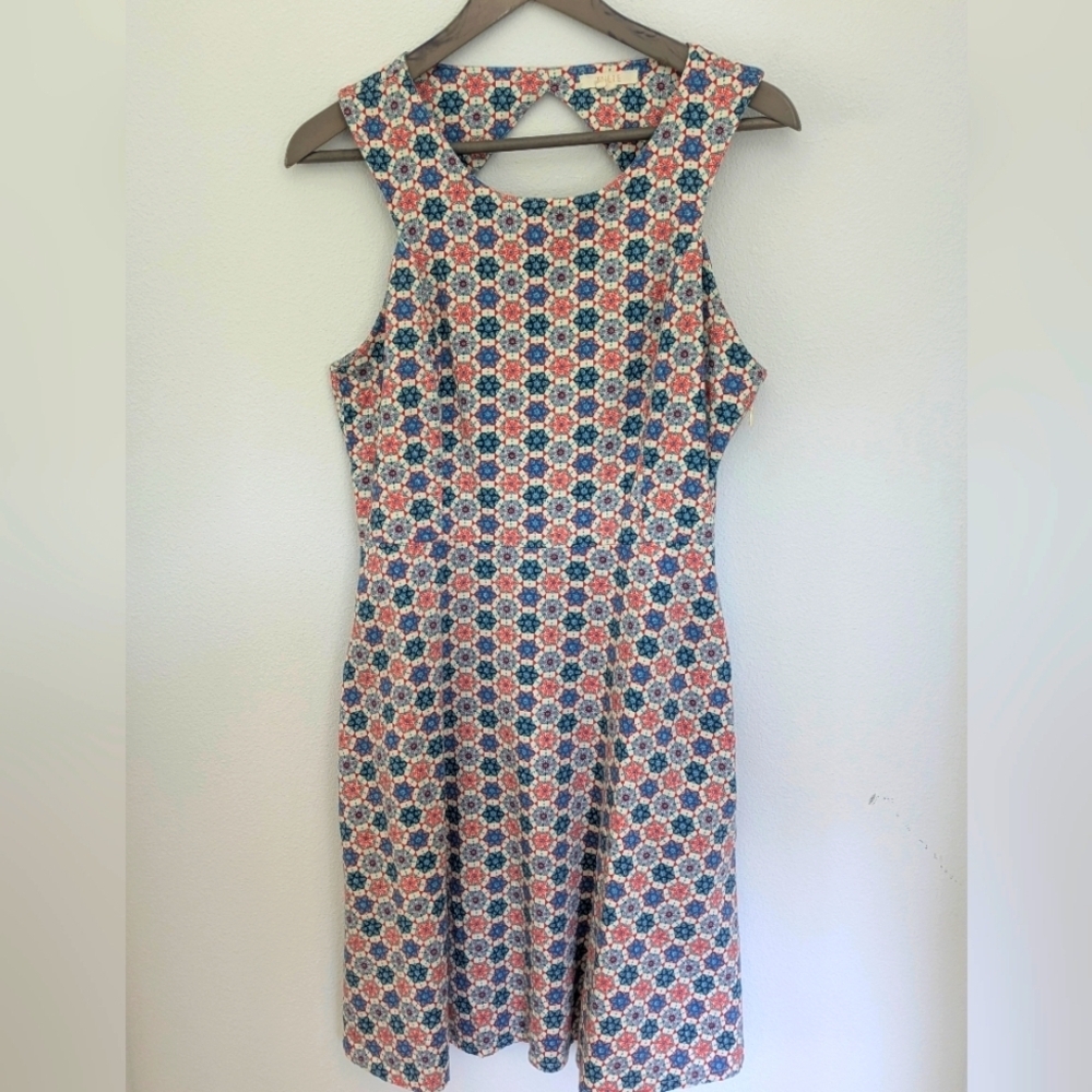 Anthropologie Sleeveless Midi Dress in Blue & Pink Floral Geometric Print